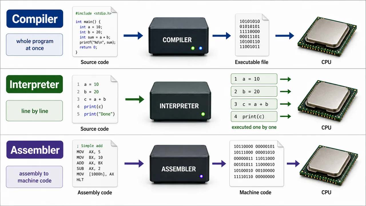Compiler interpreter and assembler translation flow into machine instructions