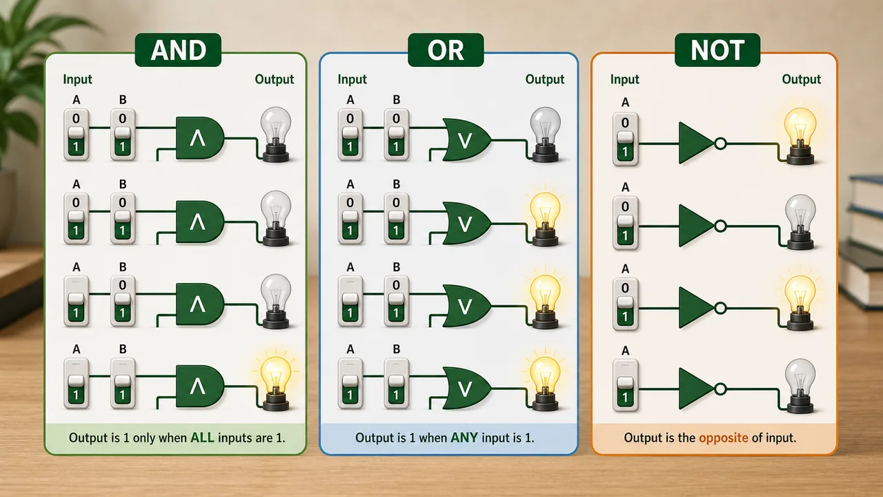 AND OR and NOT logic gates with binary inputs and output lamps for UPSSSC AGTA Computer section