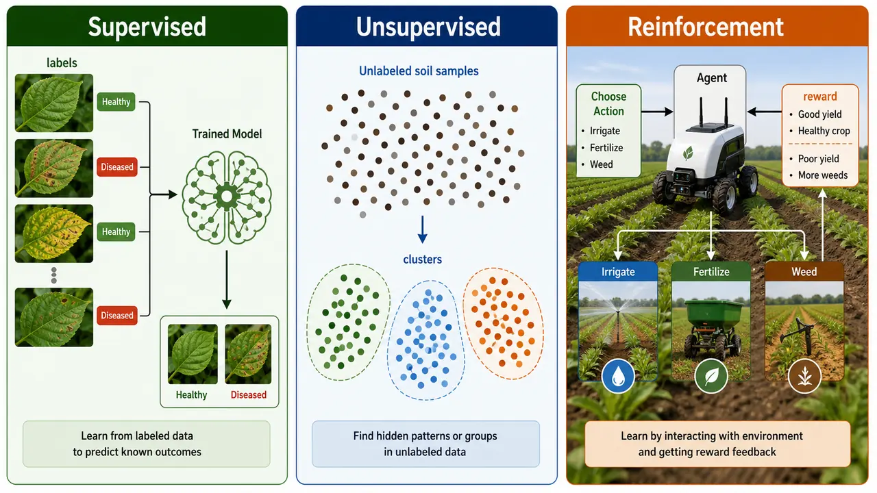 Supervised unsupervised and reinforcement machine learning comparison with agriculture examples for UPSSSC AGTA