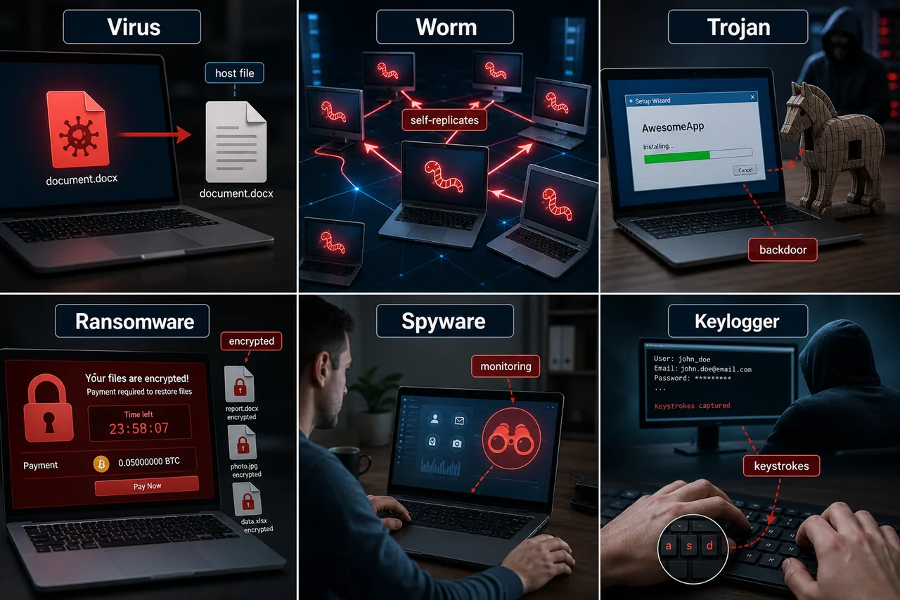 Malware types virus worm trojan ransomware spyware and keylogger for UPSSSC AGTA cybersecurity lesson
