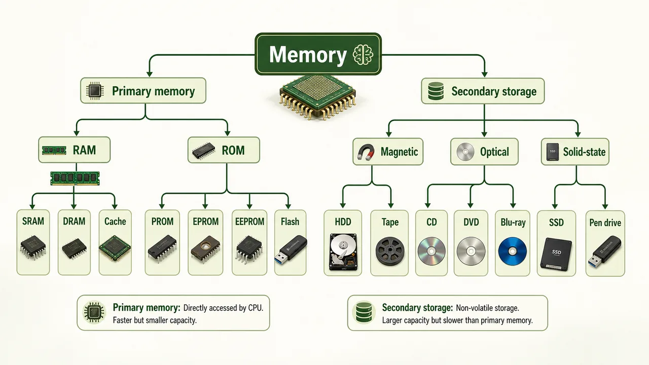 Memory family tree showing primary memory RAM ROM and secondary storage categories for UPSSSC AGTA computer lesson