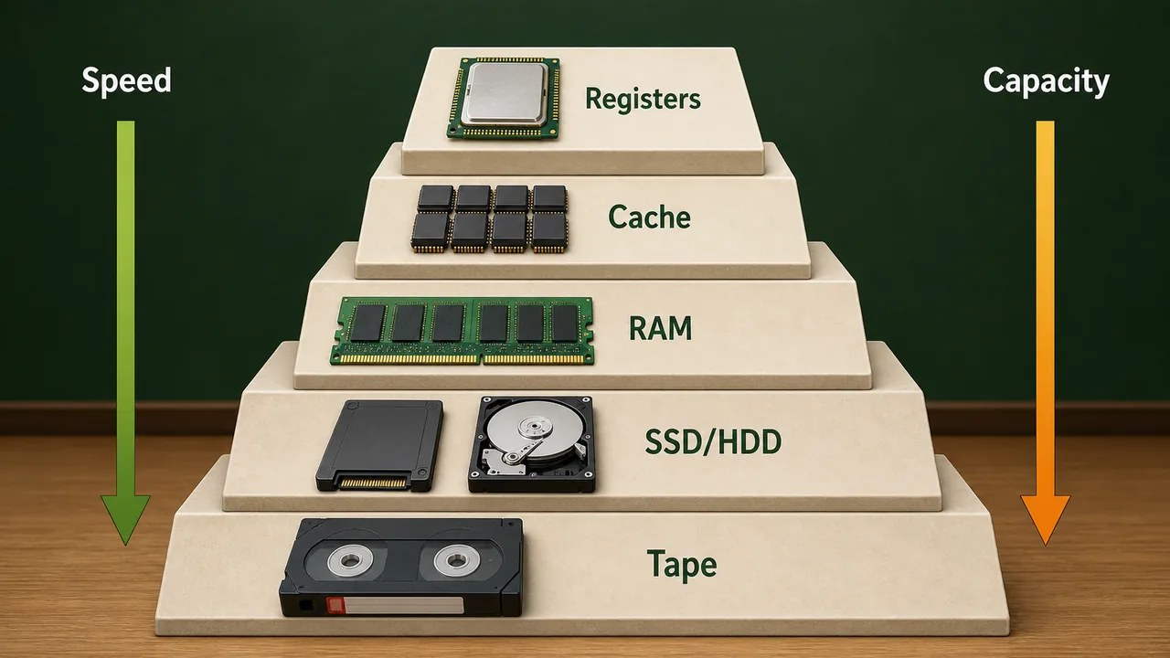 Computer memory hierarchy showing registers cache RAM SSD HDD and tape for UPSSSC AGTA Computer section
