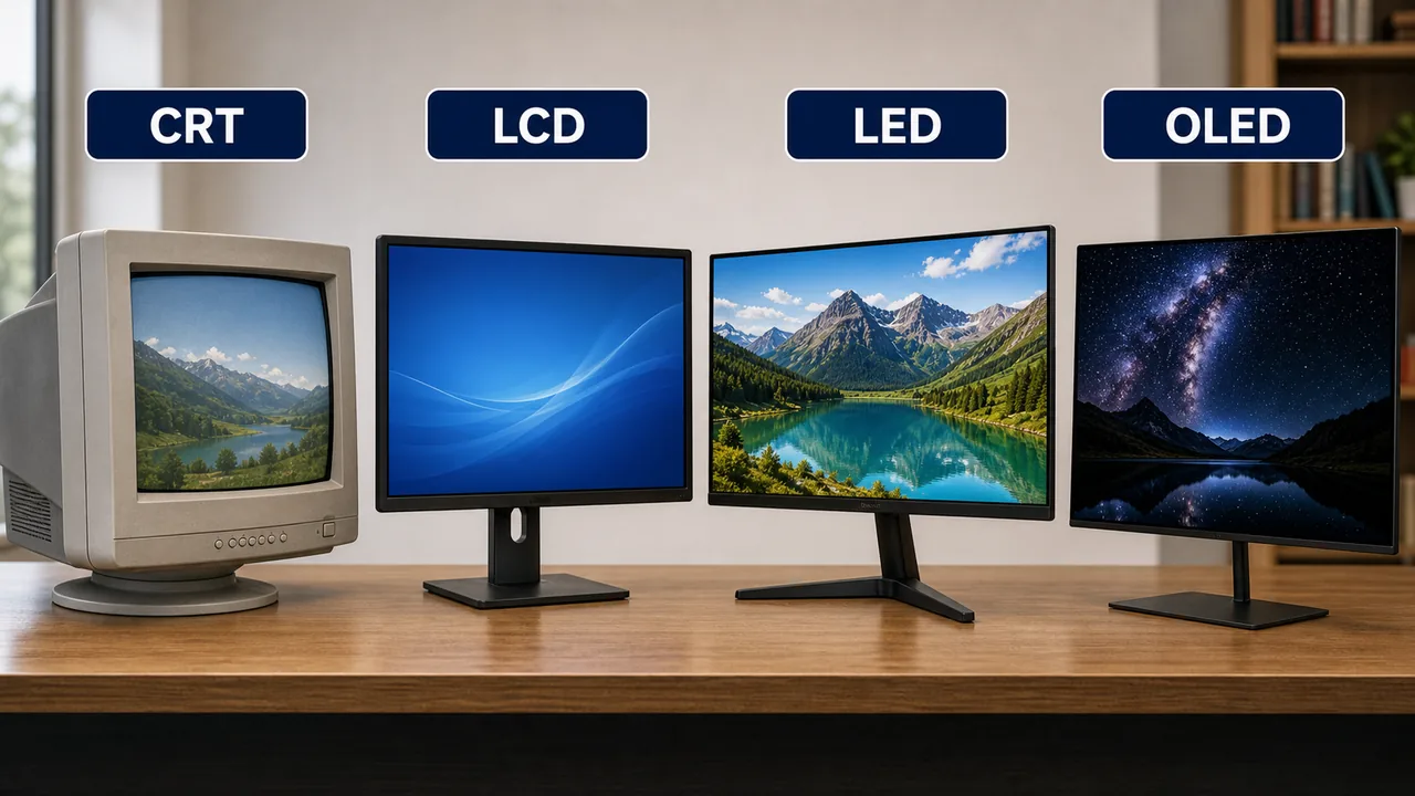 Monitor types comparison showing CRT LCD LED and OLED displays