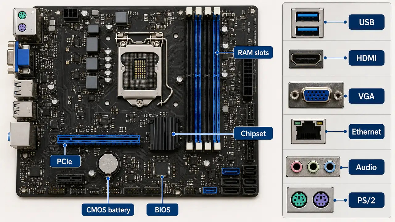 Motherboard components and computer ports showing RAM slots chipset PCIe CMOS battery BIOS USB HDMI VGA Ethernet audio and PS2