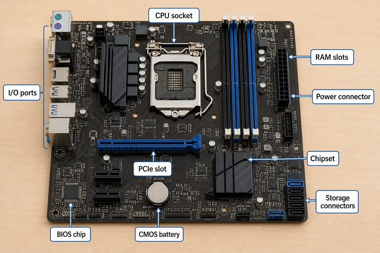 Motherboard components labeled with CPU socket RAM slots chipset PCIe slot BIOS chip CMOS battery and storage connectors