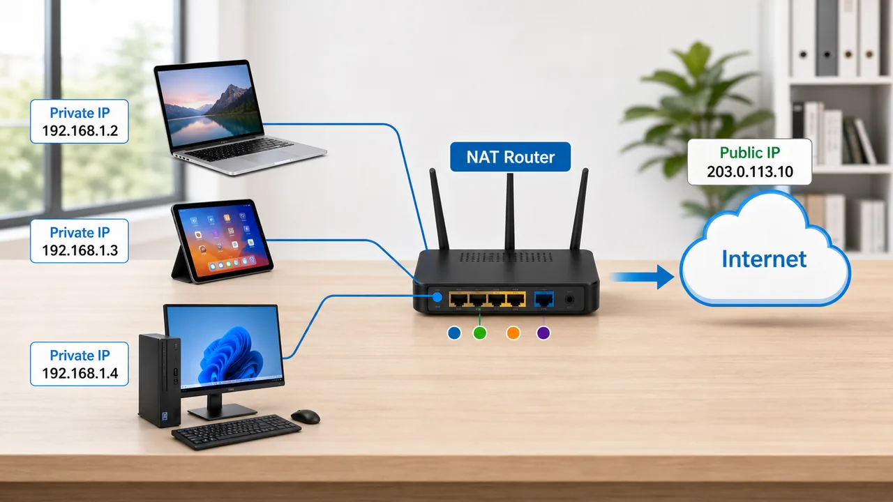 NAT router translating private IP addresses to one public IP address for internet access