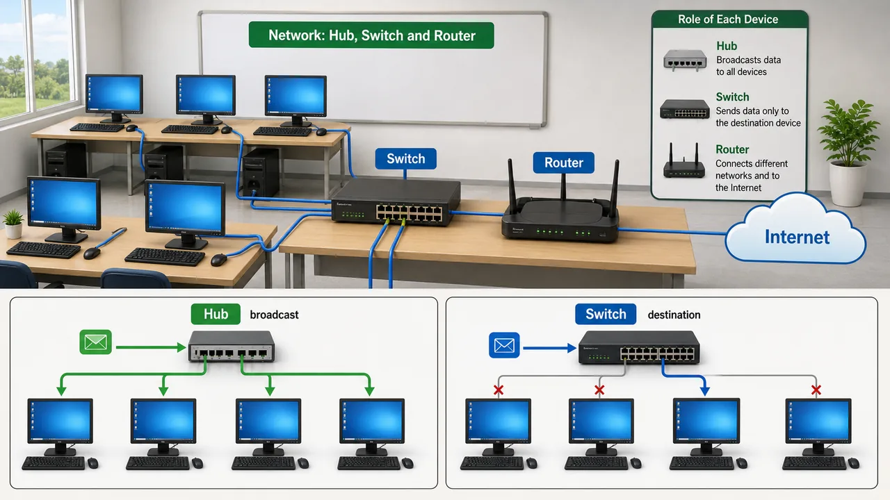 Hub switch and router roles in computer network for UPSSSC AGTA networking lesson