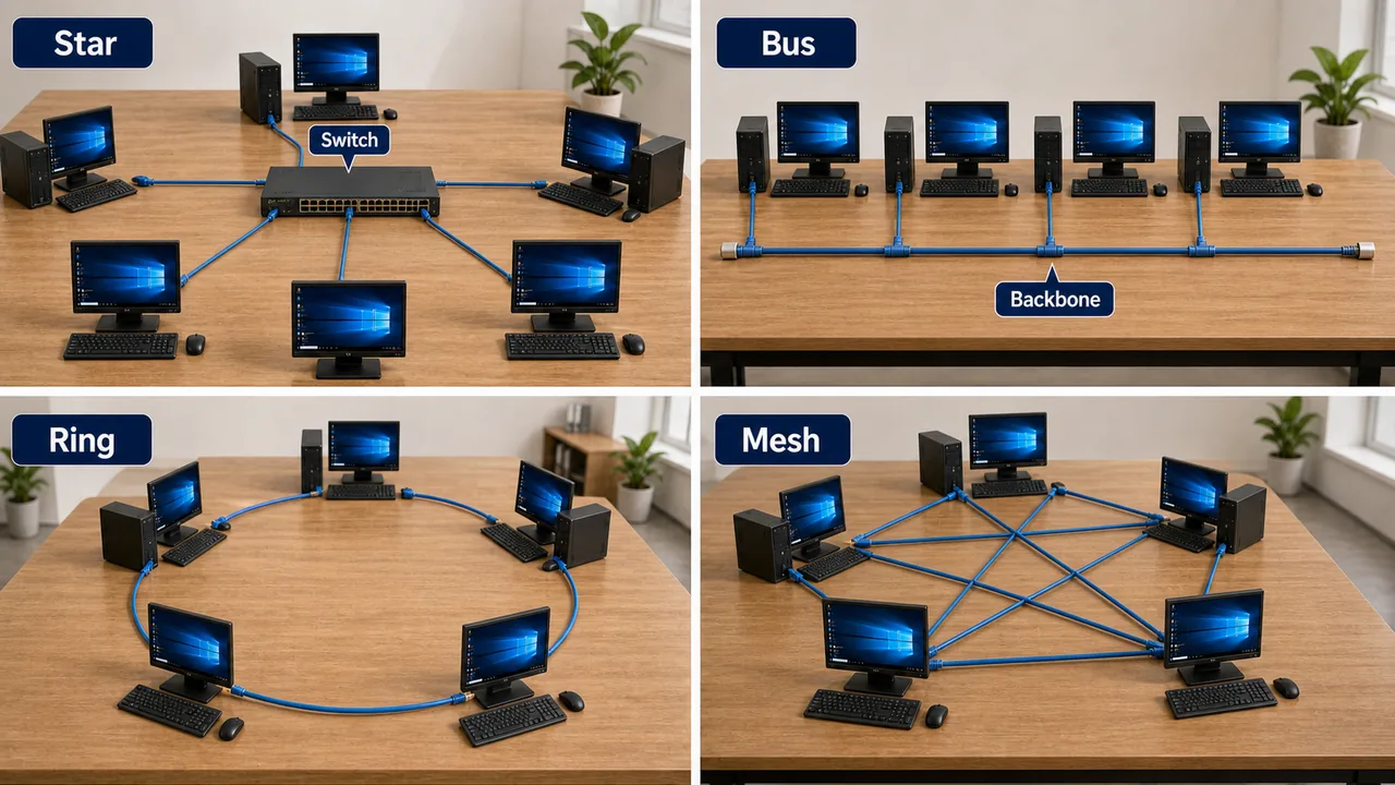 Star bus ring and mesh topology comparison for UPSSSC AGTA networking lesson