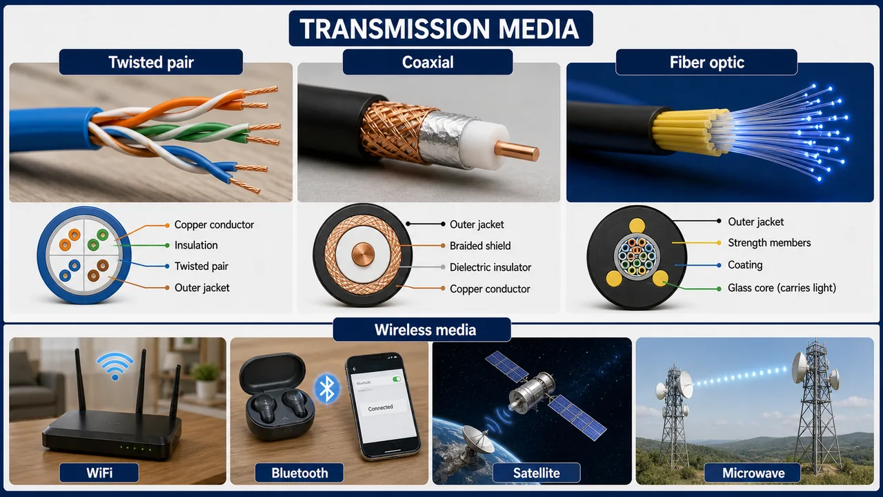 Twisted pair coaxial fiber optic and wireless transmission media comparison for UPSSSC AGTA networking lesson