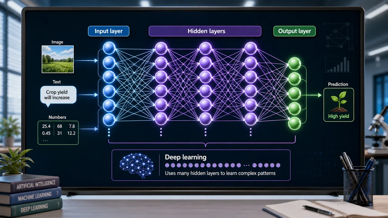 Neural network showing input layer hidden layers and output layer for deep learning in computer knowledge lessons