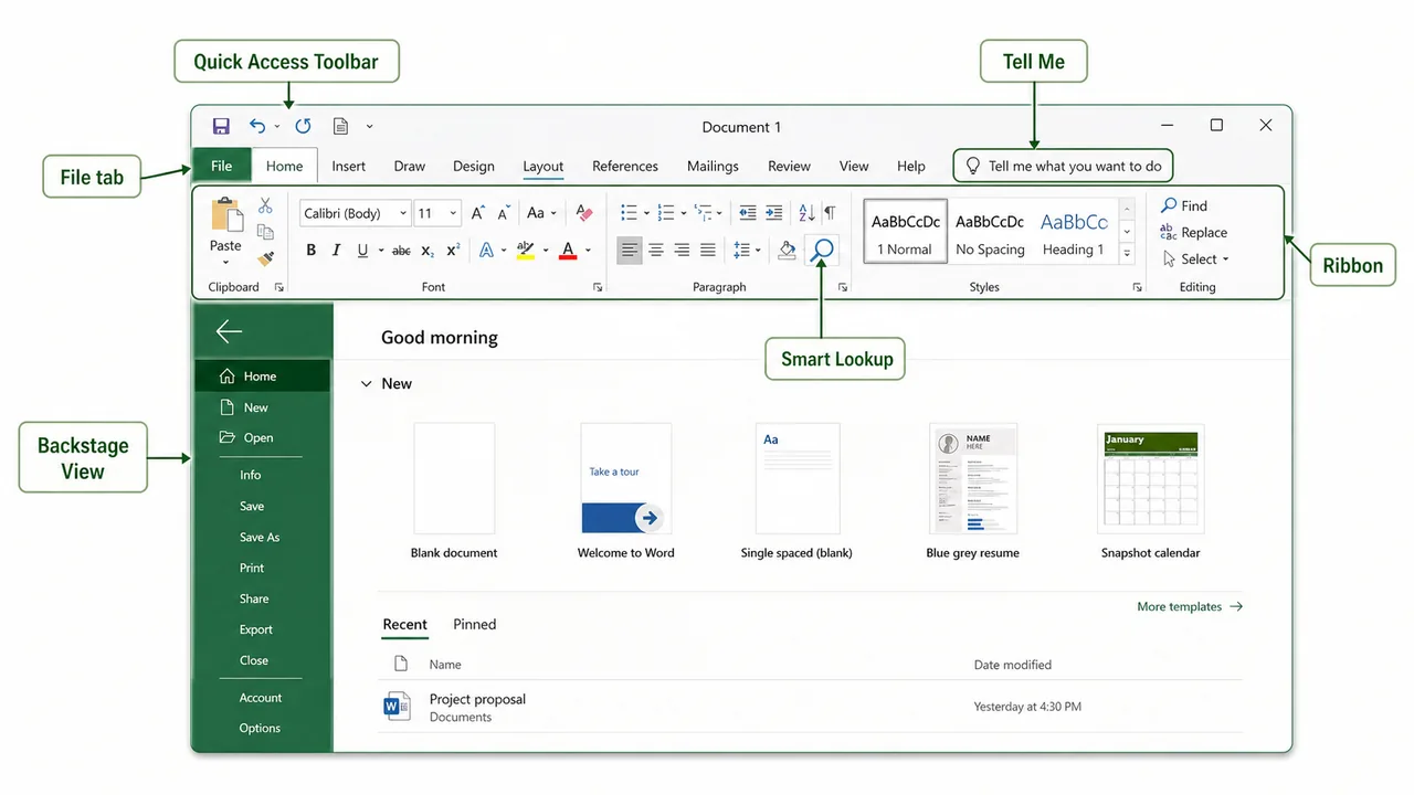 Shared Microsoft Office interface showing File tab Backstage View Tell Me Smart Lookup Ribbon and Quick Access Toolbar