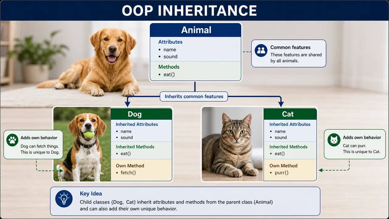 OOP inheritance example with parent animal class and child dog and cat classes for UPSSSC AGTA programming lesson
