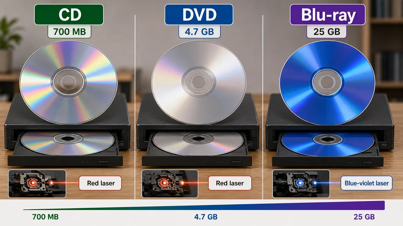 Optical storage comparison showing CD DVD and Blu ray capacities with red and blue violet laser difference