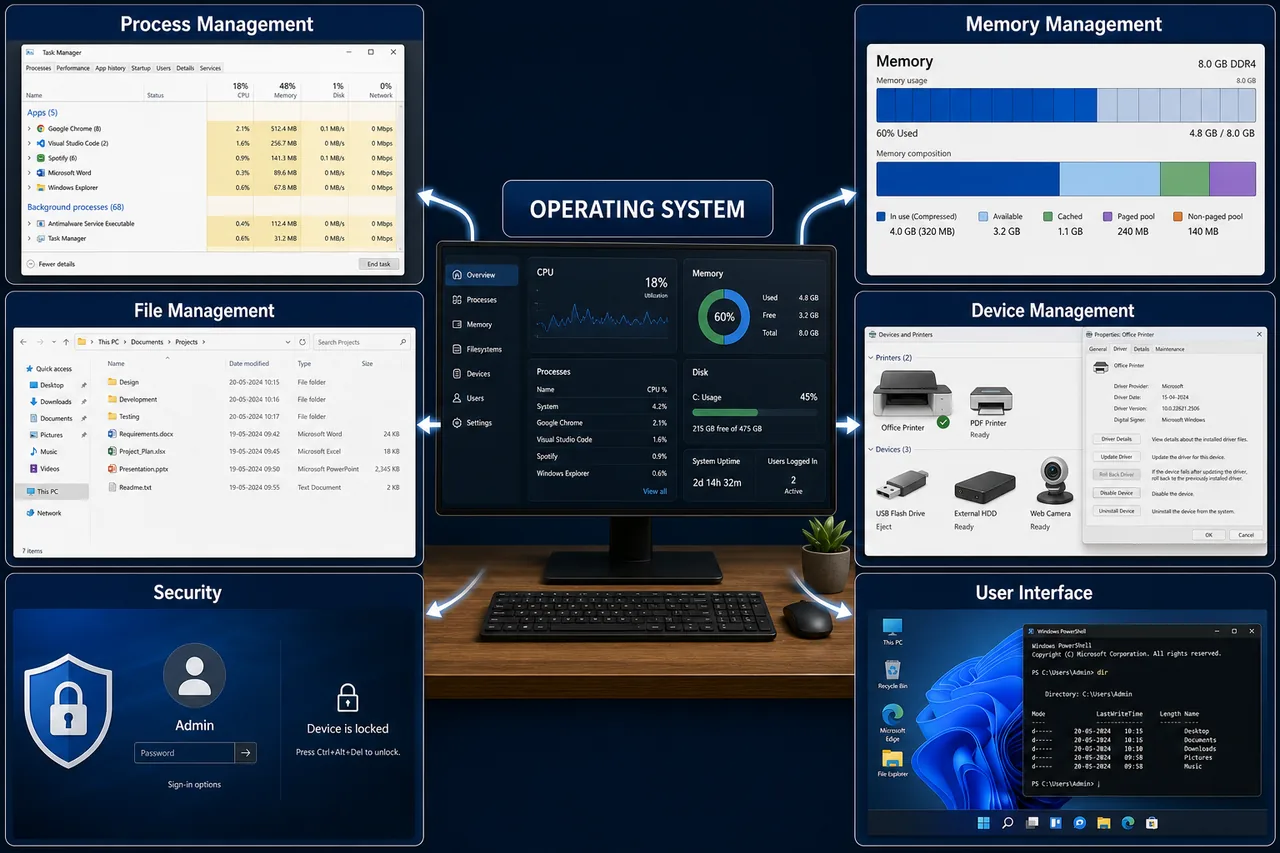 Operating system core functions including process memory file device security and user interface management for UPSSSC AGTA