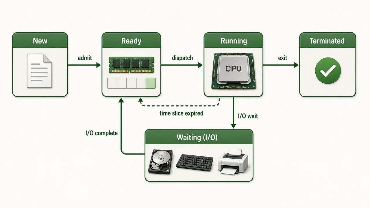 Operating system process state workflow from ready queue to CPU and input output waiting