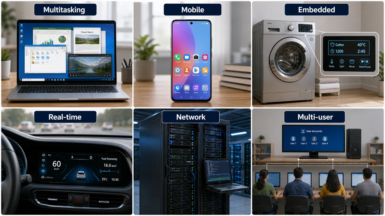Operating system types shown through real devices such as multitasking desktop mobile embedded real-time network and multi-user systems