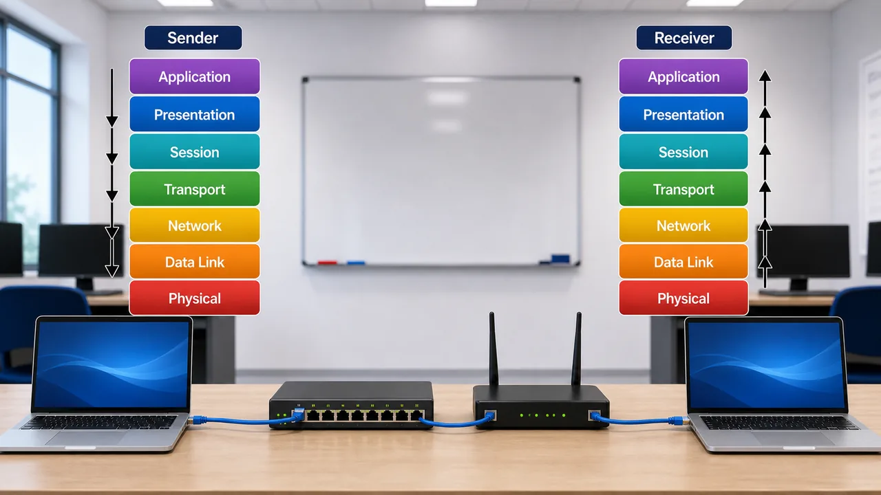 OSI model seven layers showing sender downward flow and receiver upward flow for internet protocols