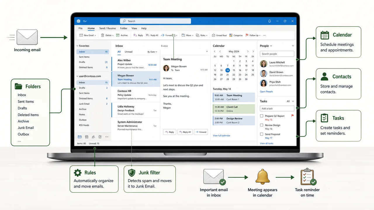 Outlook workflow showing inbox calendar contacts tasks folders rules and junk filter in one productivity interface