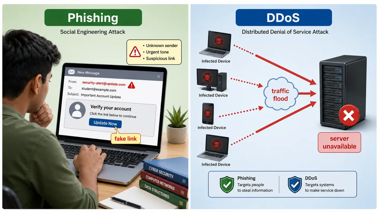 Phishing and DDoS attack comparison for UPSSSC AGTA cybersecurity lesson