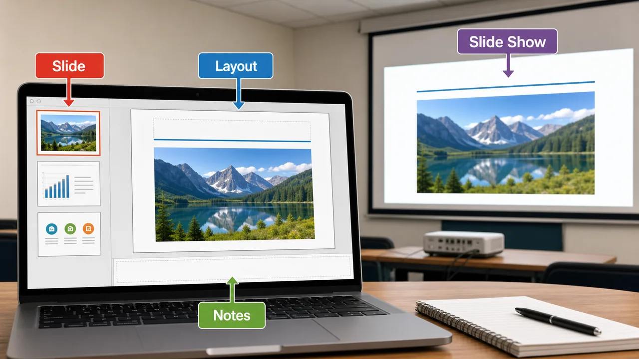 PowerPoint slide layout notes and slide show view for UPSSSC AGTA MS Office preparation