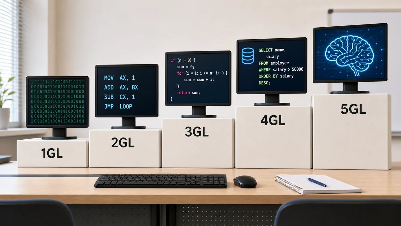 Evolution of programming languages from 1GL machine code to 5GL AI languages for UPSSSC AGTA Computer section