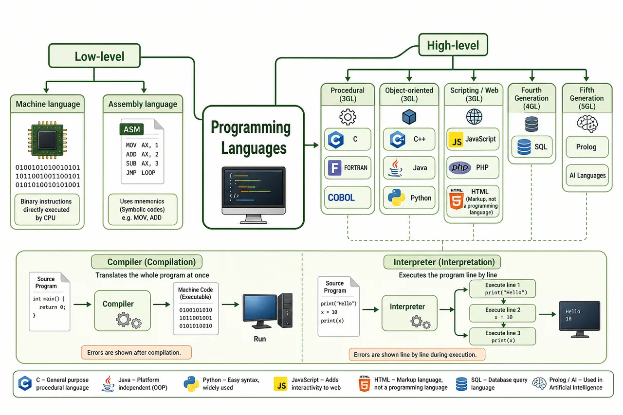 Programming language hierarchy showing low level and high level languages with compiler and interpreter flow for UPSSSC AGTA lesson