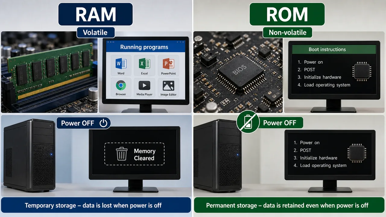 RAM versus ROM showing volatile temporary running programs and non volatile boot instructions retained without power