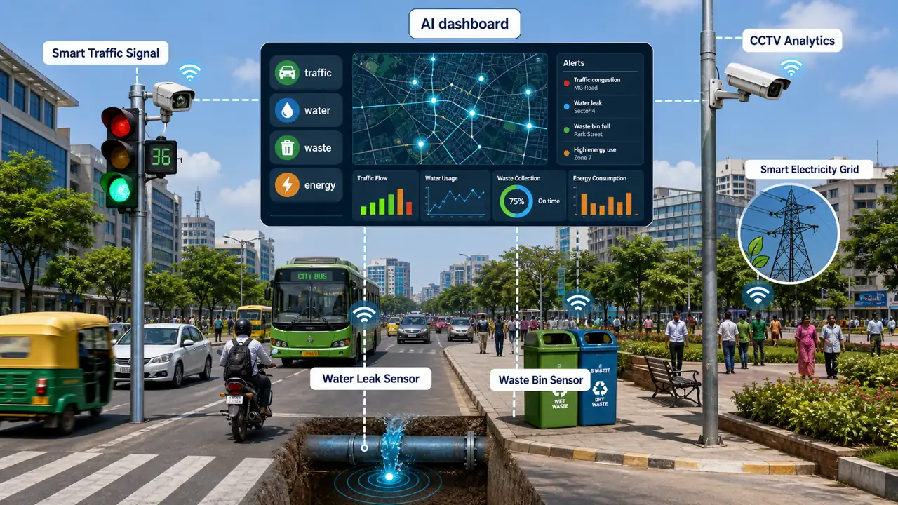 AI and IoT smart city dashboard with traffic water waste and energy sensors for UPSSSC AGTA