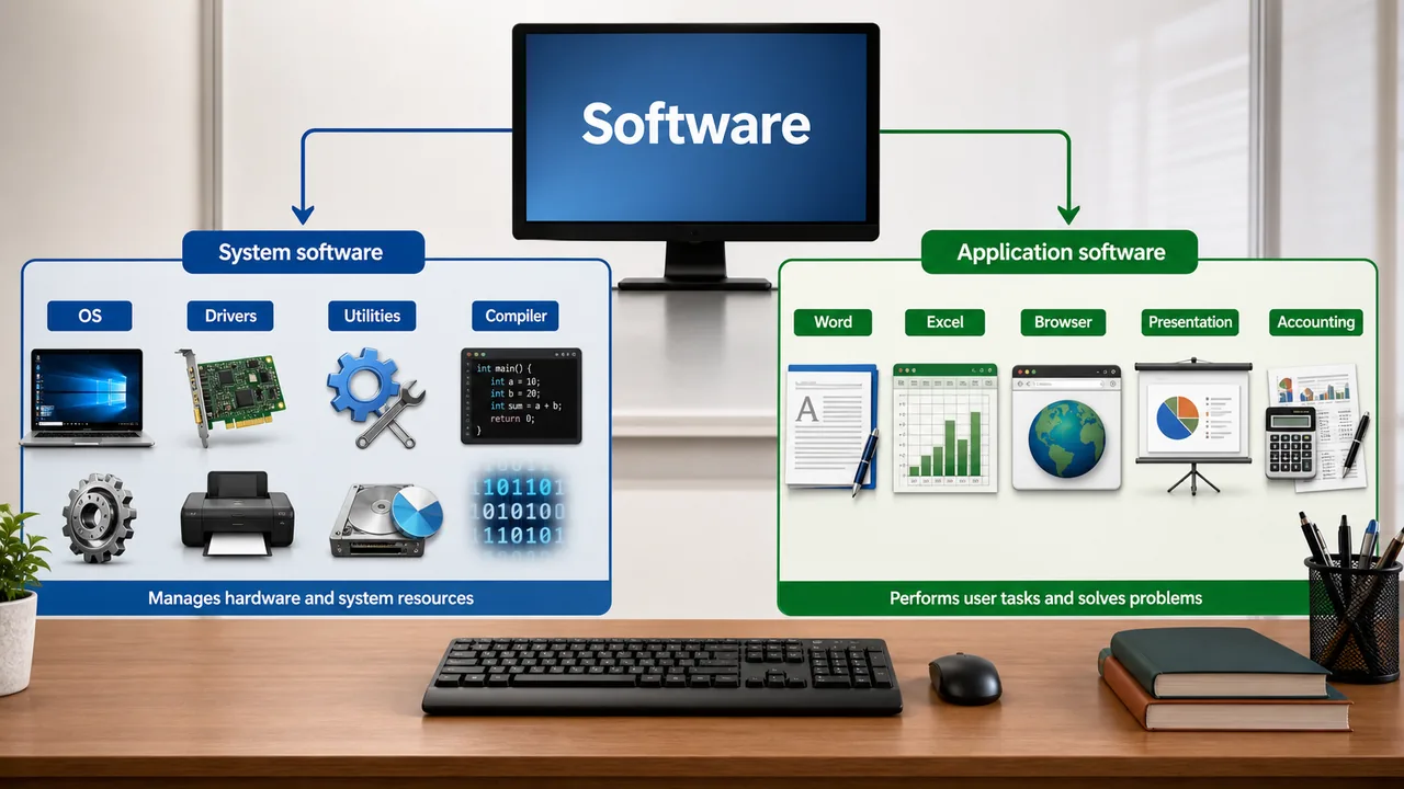 Software classification showing system software and application software with common examples for UPSSSC AGTA computer knowledge