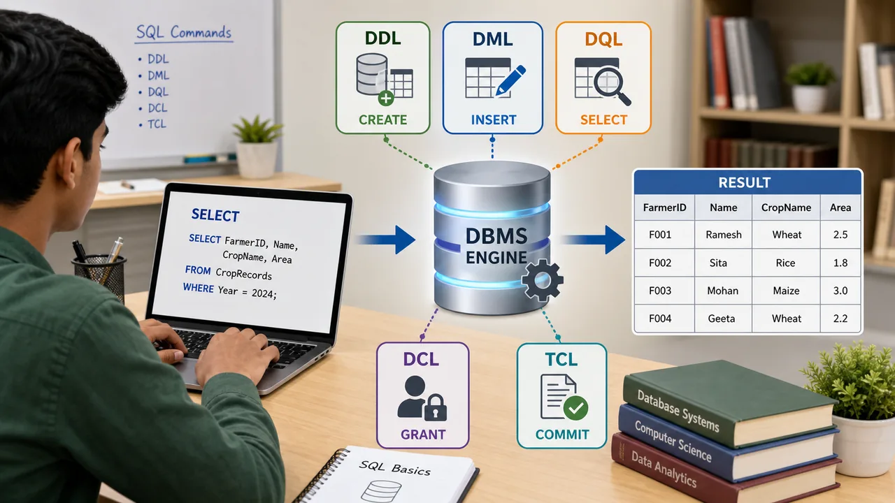 SQL command categories DDL DML DQL DCL and TCL in DBMS for UPSSSC AGTA Computer section