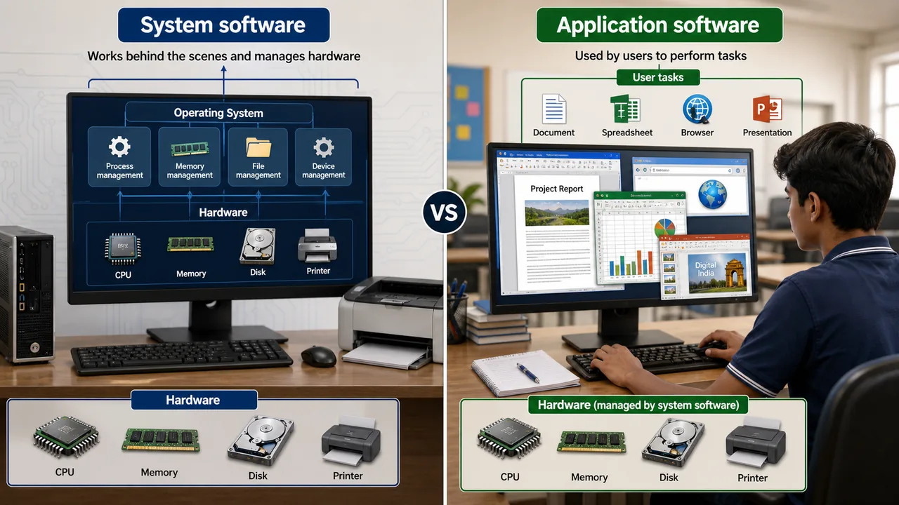 System software working behind the scenes compared with application software used directly by a computer user
