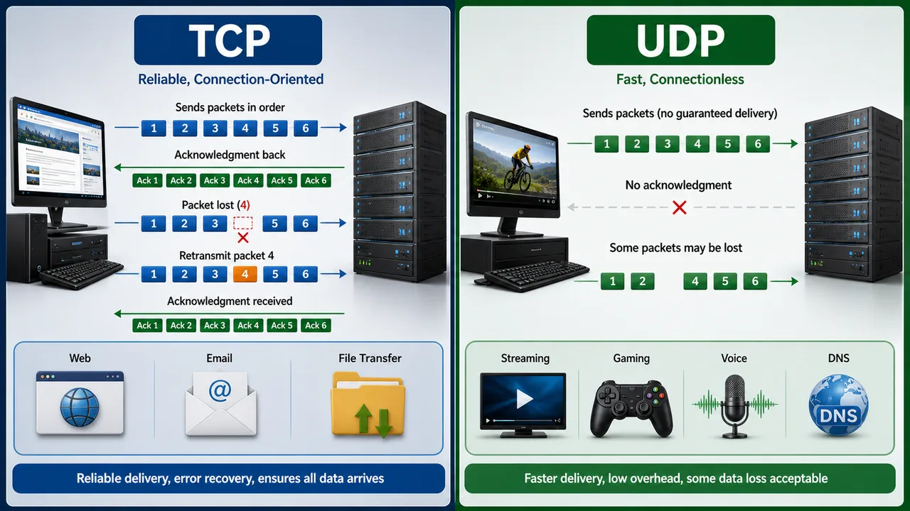 TCP versus UDP showing acknowledgments retransmission and reliable delivery compared with faster no acknowledgement packet flow