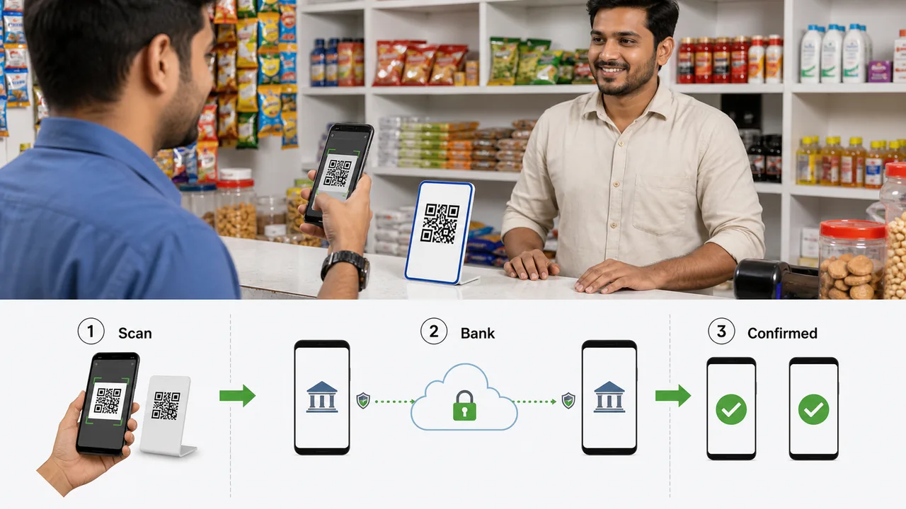 UPI QR payment flow from mobile scan to bank transfer and merchant confirmation