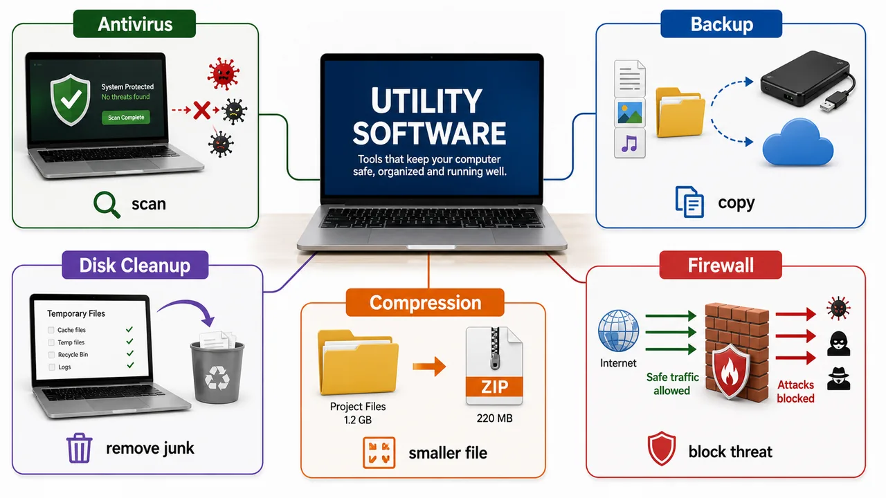Utility software tools for antivirus backup cleanup compression and firewall maintenance