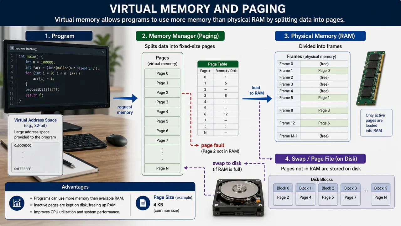 Virtual memory and paging showing program pages RAM frames and swap page file on disk for UPSSSC AGTA operating system lesson