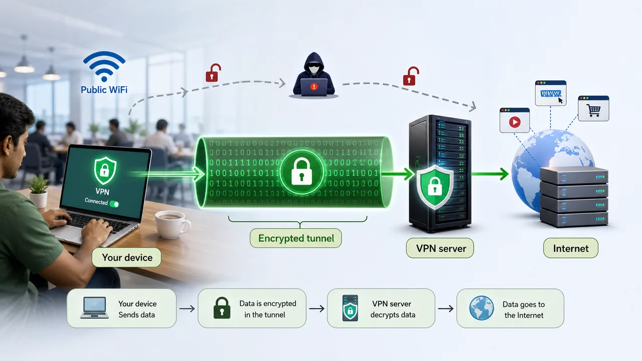 VPN encrypted tunnel from user device to VPN server for UPSSSC AGTA cybersecurity lesson
