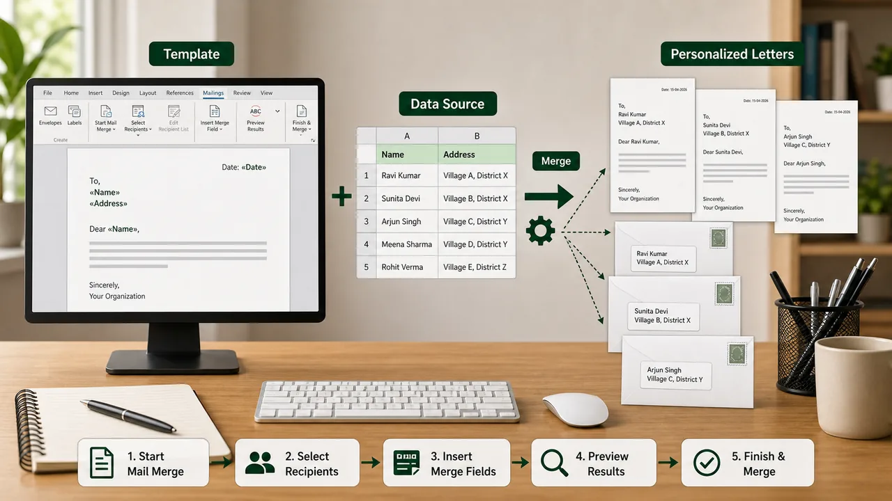 MS Word Mail Merge process combining template data source and personalized letters for UPSSSC AGTA
