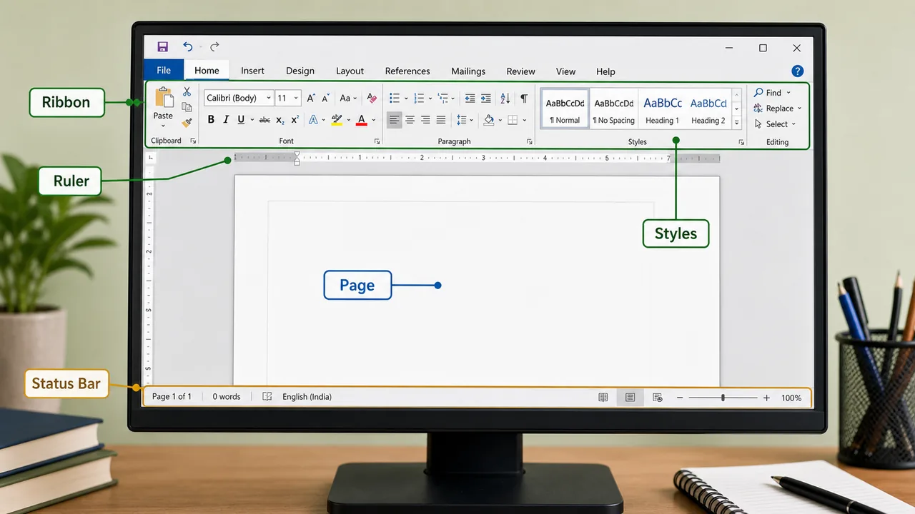 Microsoft Word interface showing Ribbon Ruler document page Styles and Status Bar for UPSSSC AGTA
