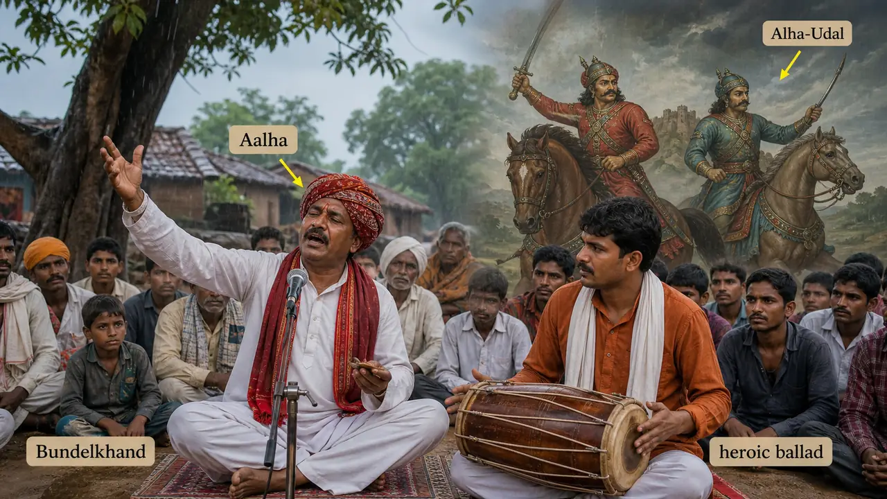 Aalha heroic ballad performance in Bundelkhand showing Alha Udal warrior theme in Uttar Pradesh