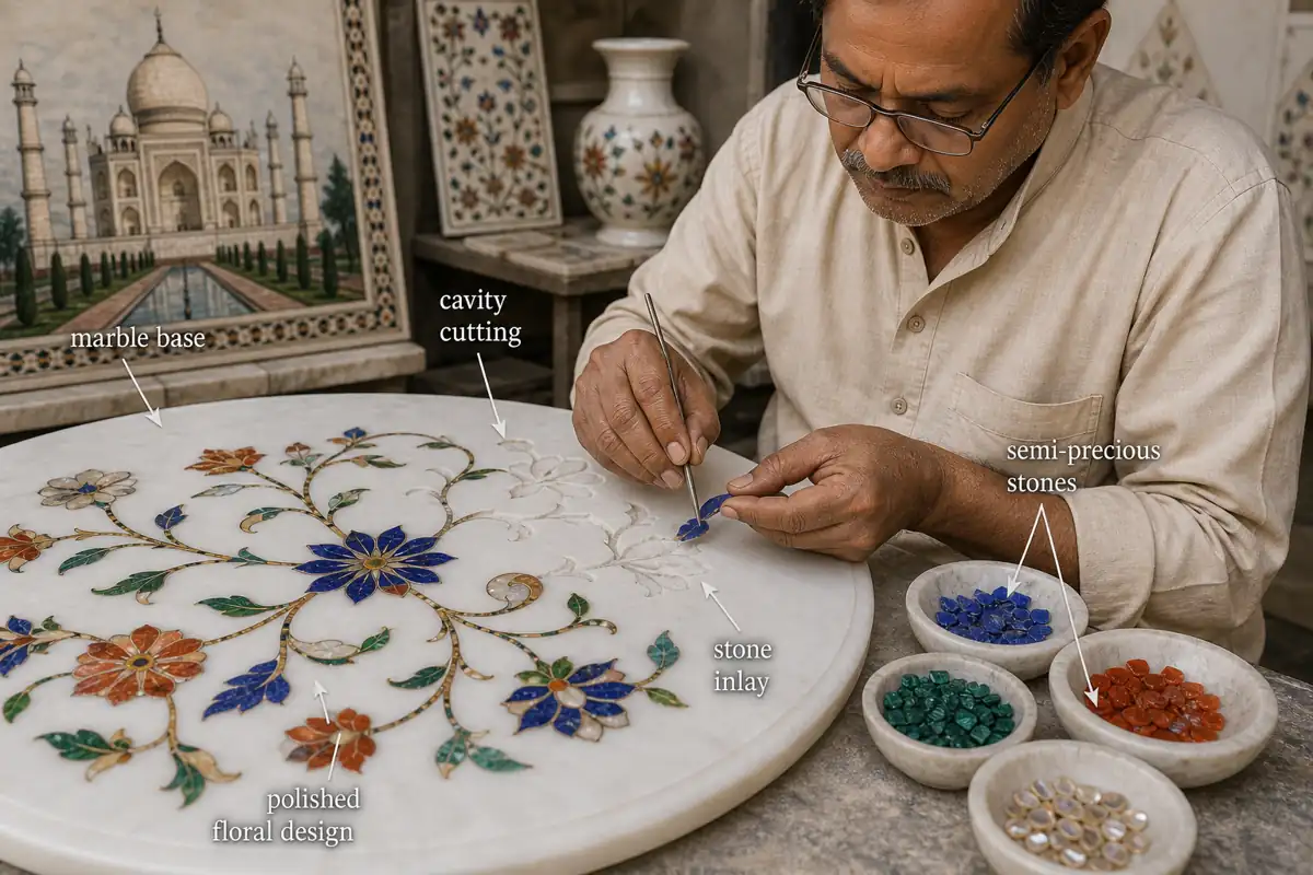 Agra Pietra Dura craft showing a marble base, cavity cutting, semi-precious stones, stone inlay, and polished floral design