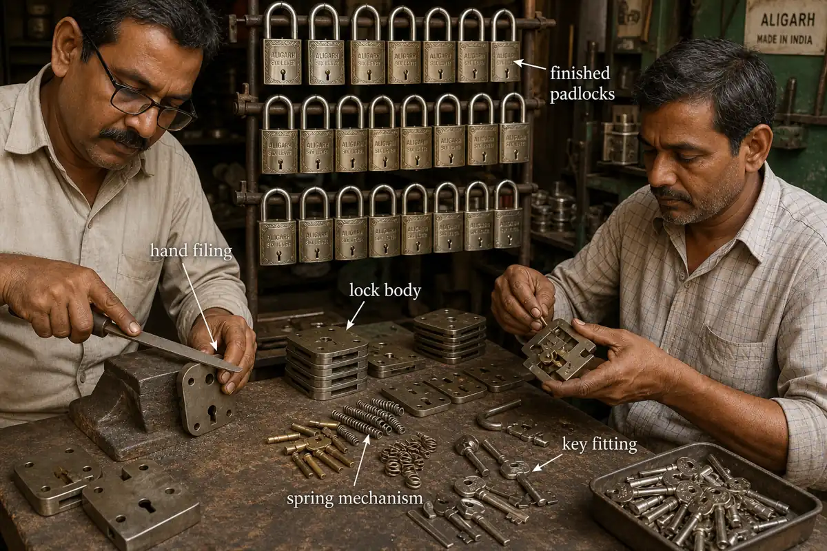 Aligarh lock workshop showing lock bodies, spring mechanism, key fitting, hand filing, and finished padlocks