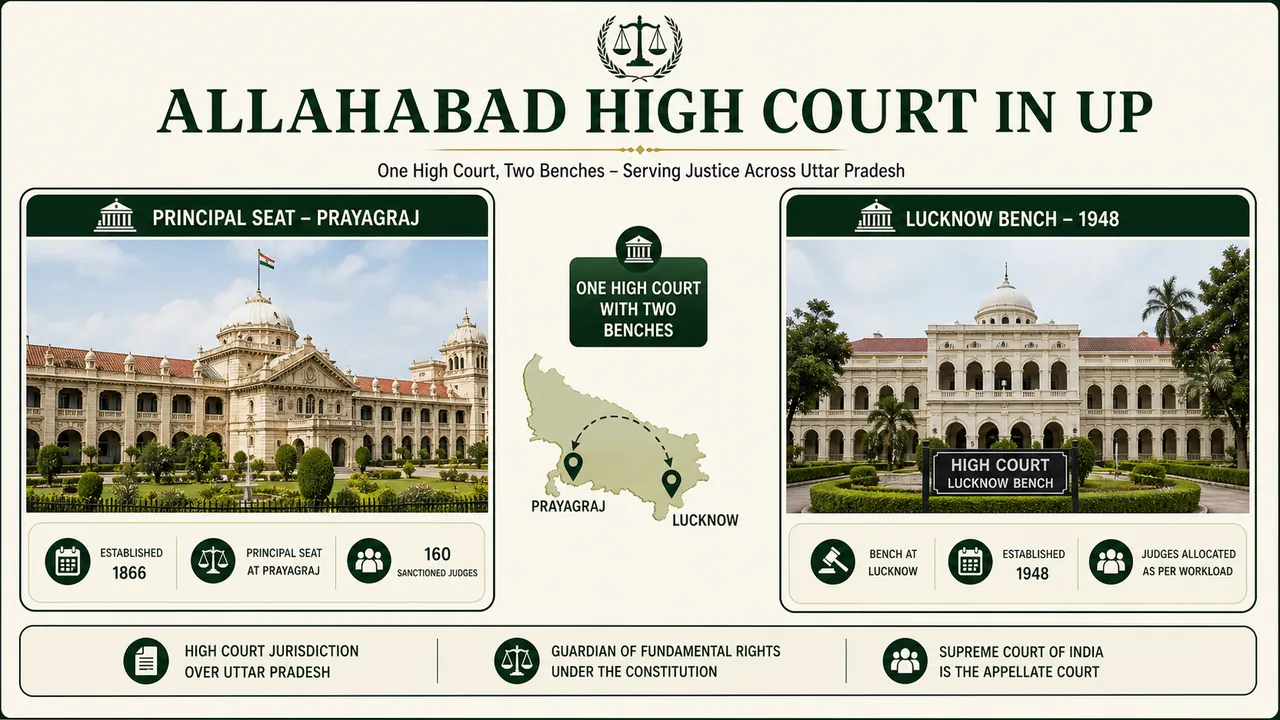 Allahabad High Court in Uttar Pradesh showing the principal seat at Prayagraj and the Lucknow Bench