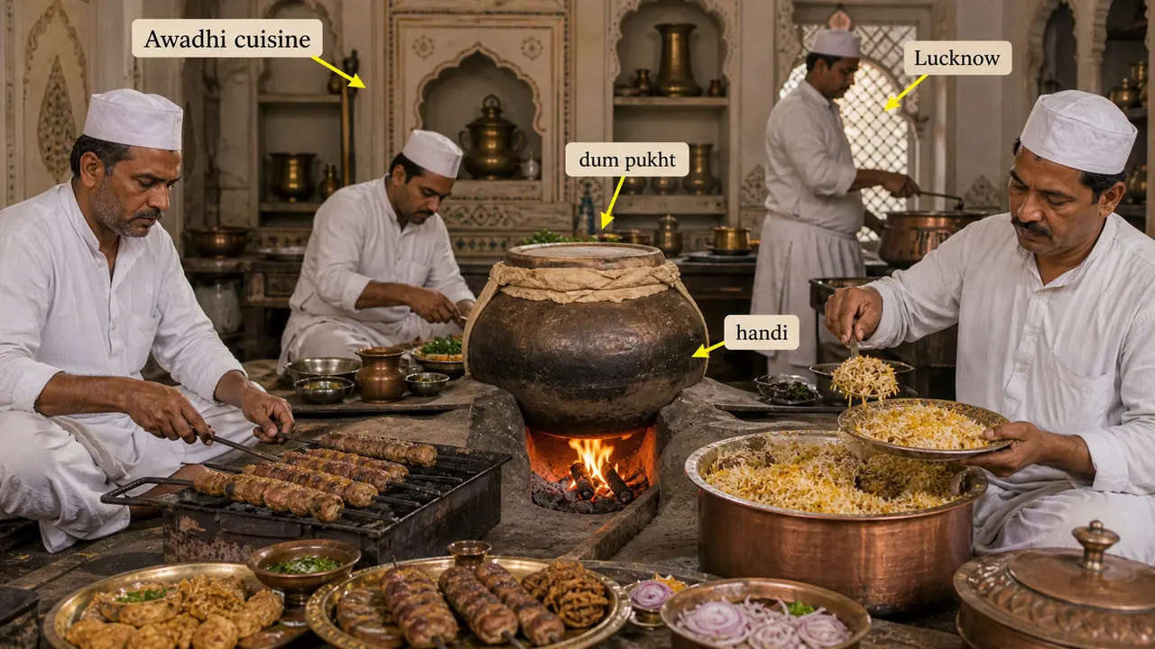 Awadhi dum pukht cooking in Lucknow showing sealed handi slow-cooking cuisine tradition