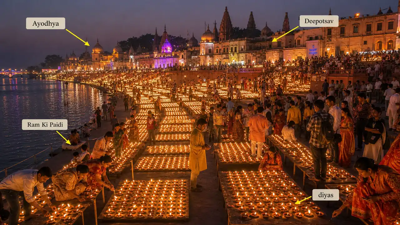 Ayodhya Deepotsav at Ram Ki Paidi on the Saryu River with large-scale diya lighting