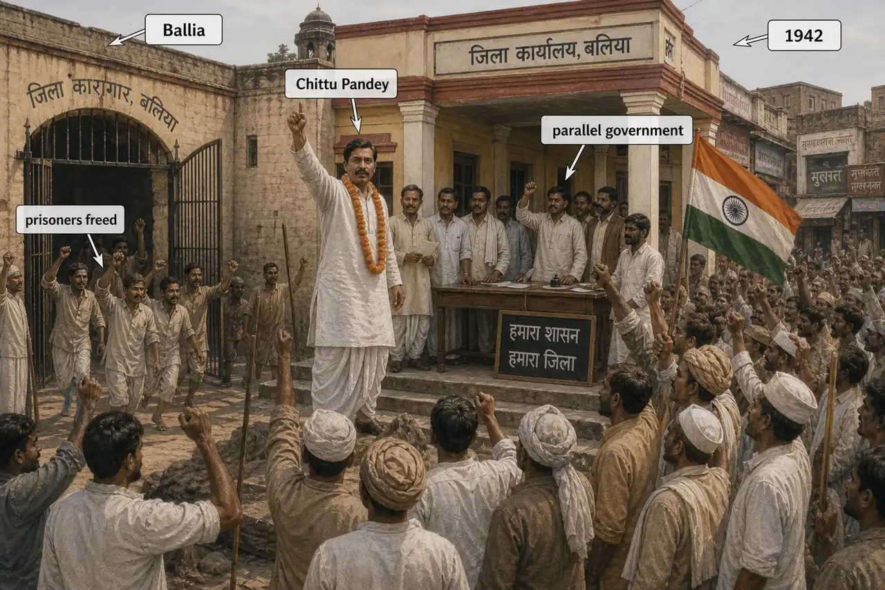 Quit India uprising in Ballia district under Chittu Pandey showing the brief parallel government and release of prisoners in 1942