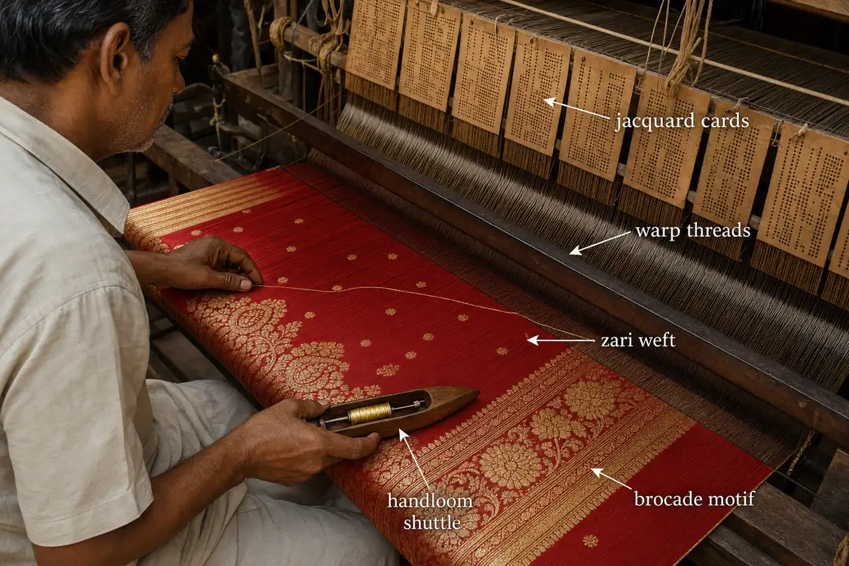 Banarasi silk weaving on a jacquard handloom showing punched cards, warp threads, zari weft, shuttle, and emerging brocade motifs