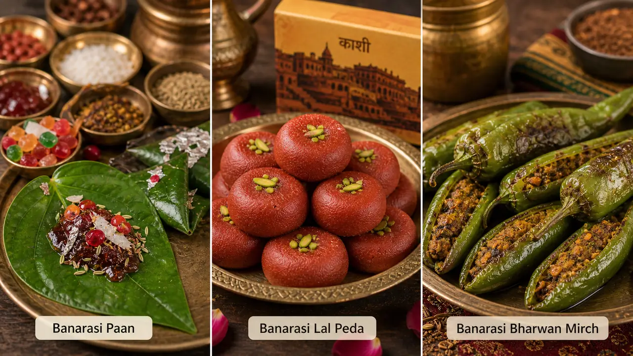 Realistic Varanasi GI food items showing Banarasi Paan, Banarasi Lal Peda and Banarasi Bharwan Mirch