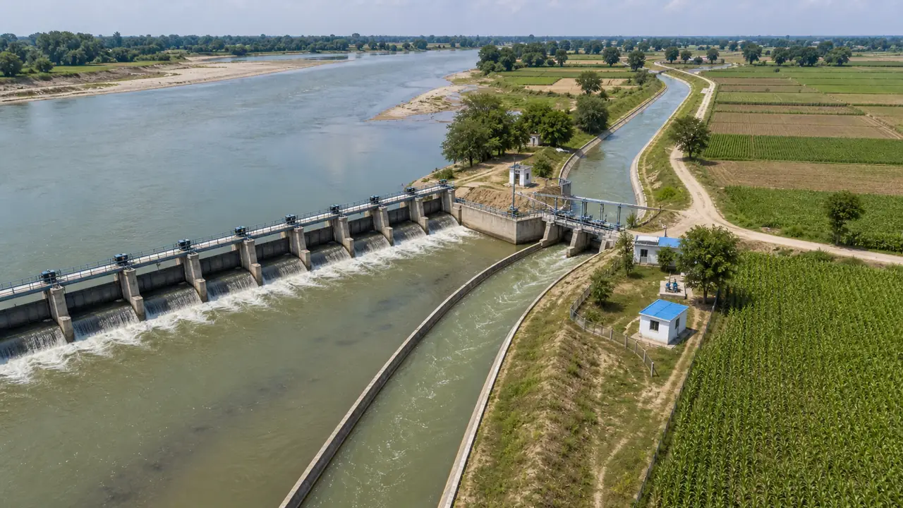 UP barrage canal diversion showing river gates head regulator and irrigated fields