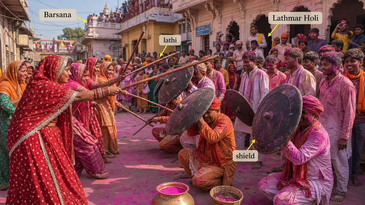 Lathmar Holi at Barsana in Mathura district showing women with lathis and men with shields