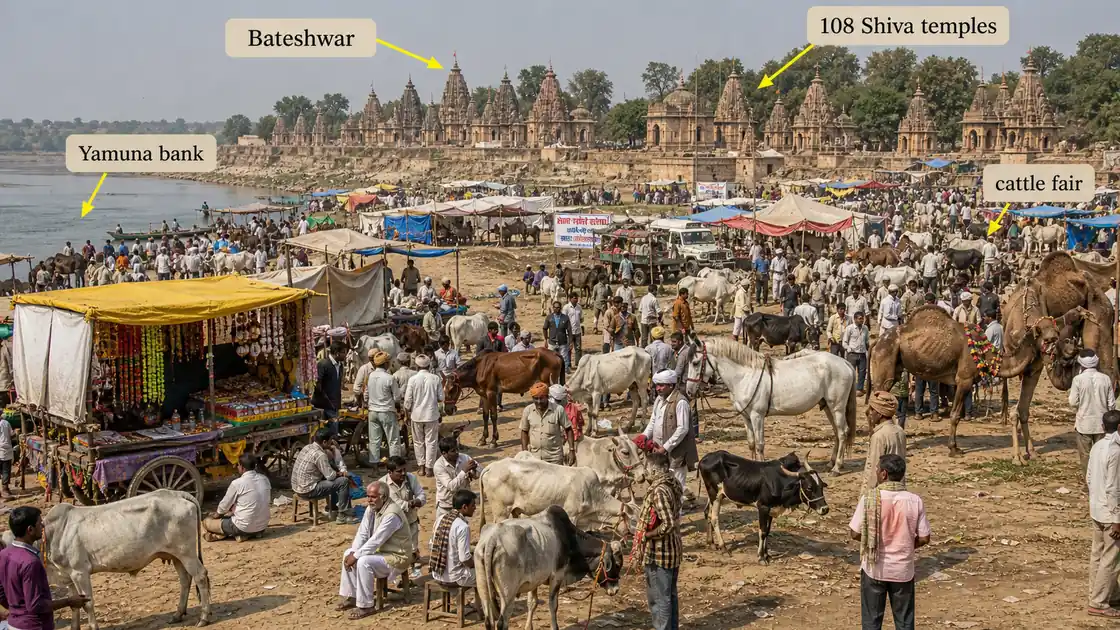Bateshwar cattle fair on the Yamuna bank in Agra district with animal trading and Shiva temples